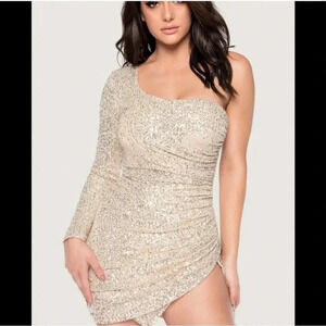 Meshki Sequin Single Sleeve Asymmetrical Dress NYE NWT Kirstie One Shoulder Mini
